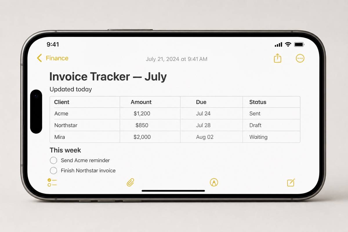Realistic iPhone mockup showing an Apple Notes invoice tracker table with clients, amounts, due dates, and statuses